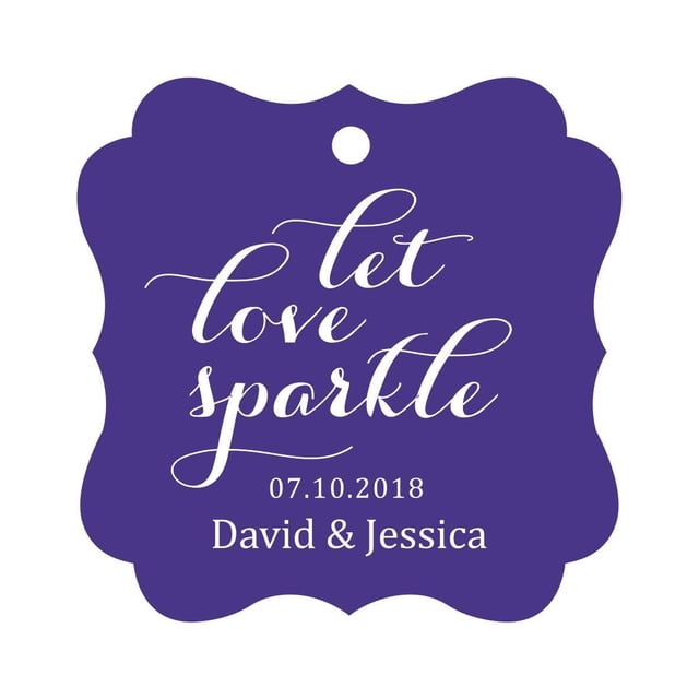 Darling Souvenir Custom Let Love Sparkle Wedding Hang Tags Personalized Fancy Frame Paper Tags -Purple Violet-100 Tags