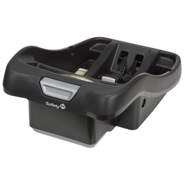 Safety 1st onBoard 35 Car Seat Base in black and grey, shown from a 3/4 angle, featuring a compact molded plastic frame with 5-position adjustable base and integrated UAS storage, compatible with Safety 1st infant car seats.
