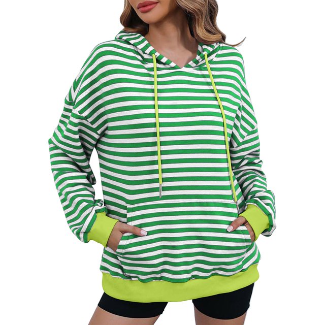 Timegard Chandail pour Femmes à Manches Longues, à Rayures, à Blocs de Couleur, Chandails à Capuchon, Chandail d'Automne Décontracté, Haut Ample