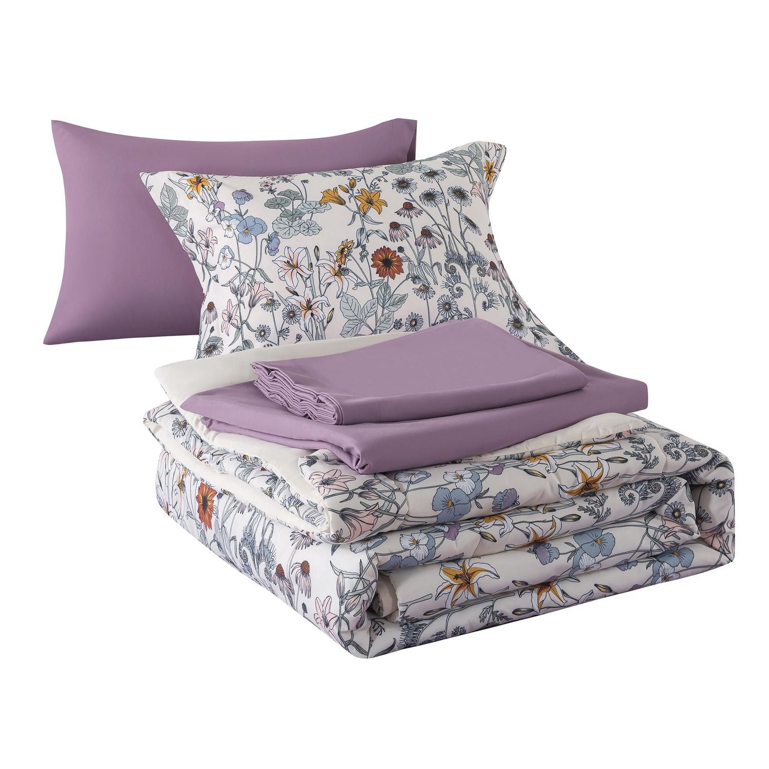 Mainstays All in One Reversible Comforter and Sheet Set, 7-Piece, Full, White Multi Floral
