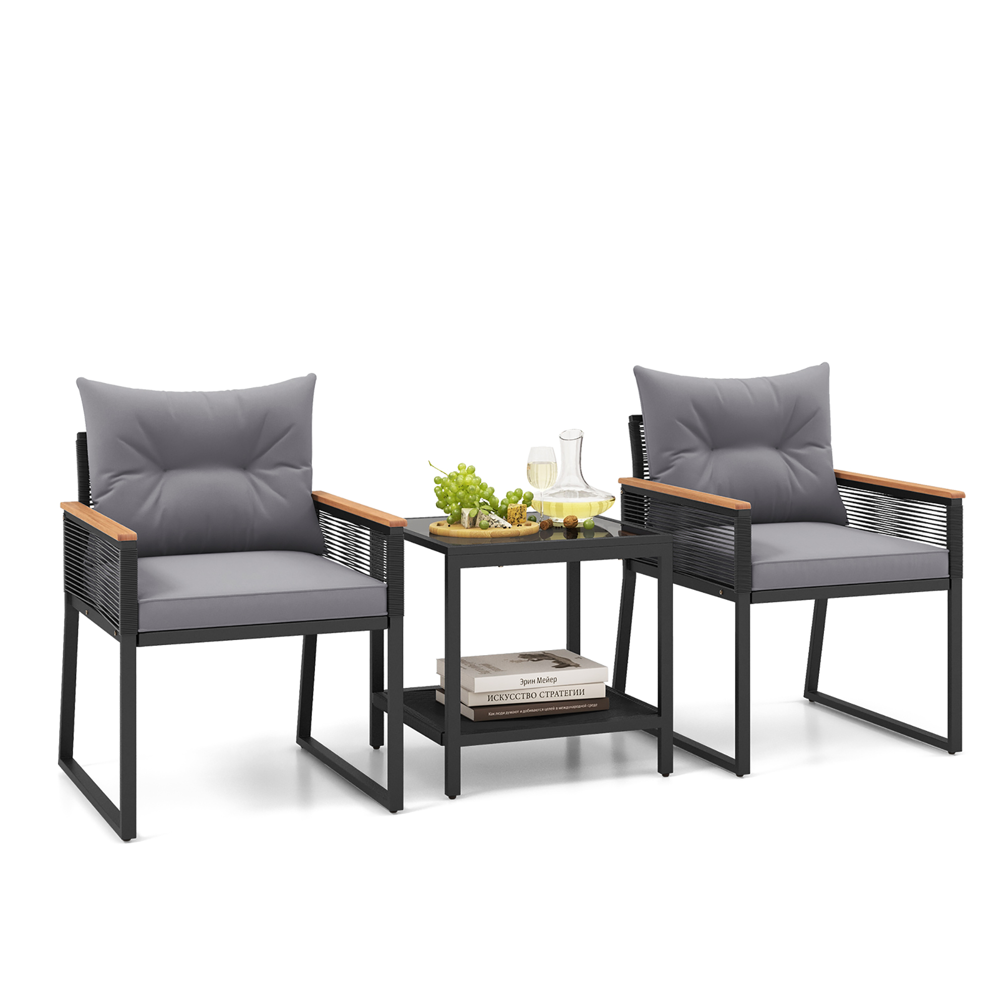 Gymax Ensemble de Mobilier de Patio 3 Pcs Chaises en Rotin PE Osier avec Table Basse à 2 Niveaux Dossier Souple