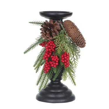 HOLIDAY TIME 10 IN Wooden Christmas Candle Holder with Pinecone and Red Berry Foliage
