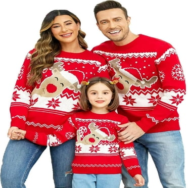 Matching Family Christmas Sweaters Cute Reindeer Long Sleeve Knit Pullover Jumper