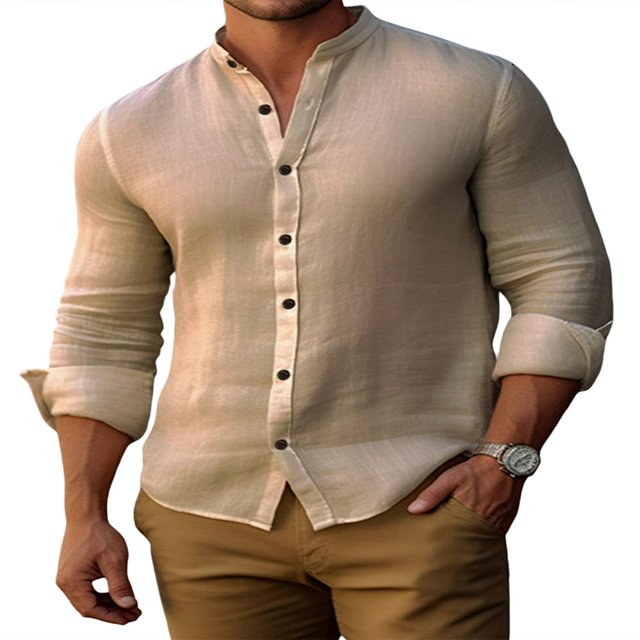 Chemise Henley Boutonnée Classique pour Hommes avec Tissu en Lin de Coton Rétro