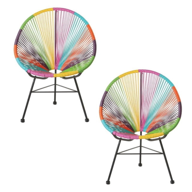 ACAPULCO Chaise en Fil Métallique - Ensemble Multicolore de 2 avec Deux Chaises Rondes en Fil Métallique Comprenant des Sièges Tissés Multicolores en Jaune, Rose, turquoise, orange, Vert et Violet, des Pieds en Métal Noirs avec support à Barre Croisée, Convient aux Sièges accent de Salon Ou à une Utilisation Extérieure Décontractée.