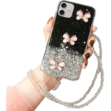 Case for iPhone 11, For Apple iPhone 11 Black Smart Shockproof Glitter Crystal butterfly Wrist Strap Cover Case