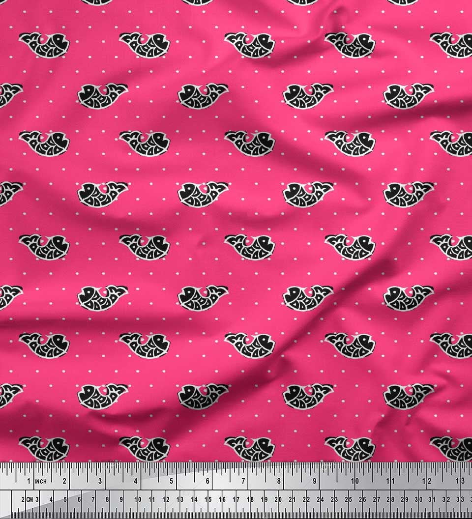Soimoi Cotton Cambric Fabric Fish Block Printed Fabric 1 Yard 56 Inch Wide