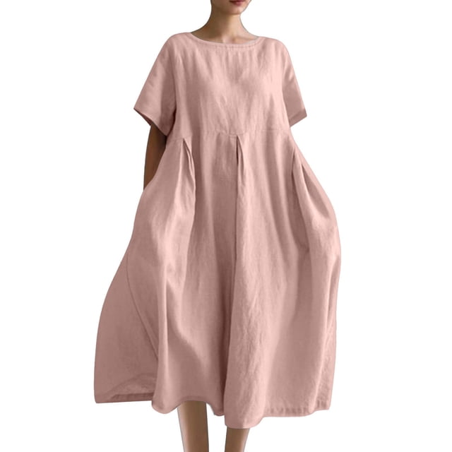 Robes Caftans en Coton et Lin pour Femmes Grande Taille à Manches Courtes Amples et Larges Robe Maxi Plissée à Volants Longue Robe Rose, P