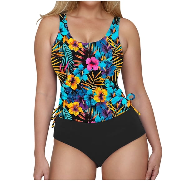 Womens Solid Swimsuits Drawstring On Both Sides Bathing Suits V Neck Blackless Swimwear