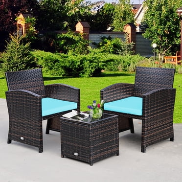 Costway Ensemble de 3 Pcs pour Patio en Rotin Osier, Coussins, Sofa, Table Basse, Turquoise