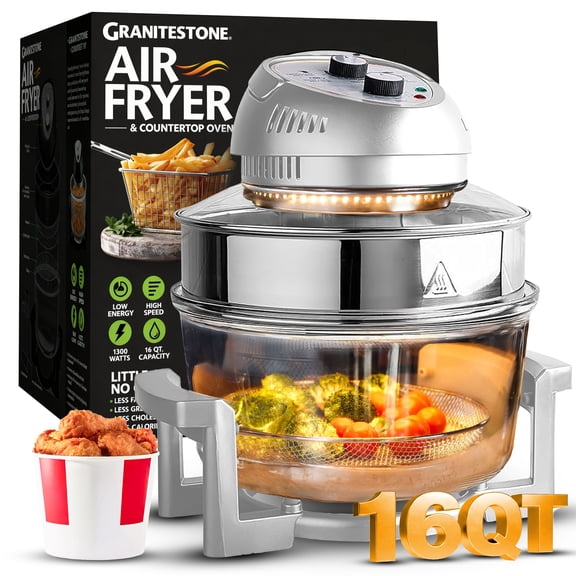 Granitestone Big Boss Friteuse à Air en Verre de 16 Qt, Non Toxique, Taille Familiale, Grand Four à Halogène, Friteuse à Air