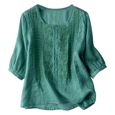 Trendy Plus Size Tops for Women Embroidered Casual Linen T Shirt Loose Fit Stylish Comfort Apparel