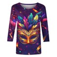 thumbnail image 5 of Penkiiy T-shirt Blouse à Manches 3/4 Col Rond Imprimé Mode Mardi Gras pour Femmes G Multicolore, 5 of 5