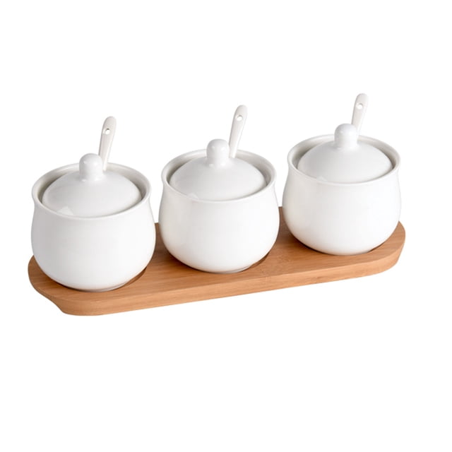 Ceramic Sugar Bowl With Lid, Porcelain Sugar Pot With Spoon, Small Salt Pot, Storage Jar , For Coffee Bar, Restaurant-White-3 Set