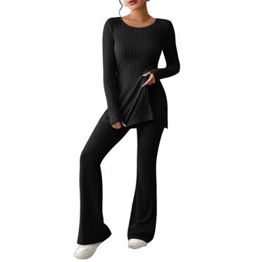 TJAZFJPA Pants Suits for Women Dressy 2 Piece Formal Women's Two Piece Knit Matching Outfits Crew Neck Slit Hem Tee and Pants Tracksuit Sets Pants Suits for Women Casual Plus Size