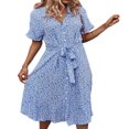 thumbnail image 1 of Robe Midi à Fleurs pour Femmes, Boutonnée, Fendue, Col en V, Manches Courtes, Été, Plage, Fête, Robe Trapèze, Jaune, M, 1 of 6
