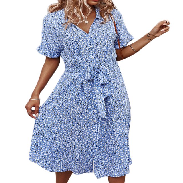 Robe Midi à Fleurs pour Femmes, Boutonnée, Fendue, Col en V, Manches Courtes, Été, Plage, Fête, Robe Trapèze, Jaune, M