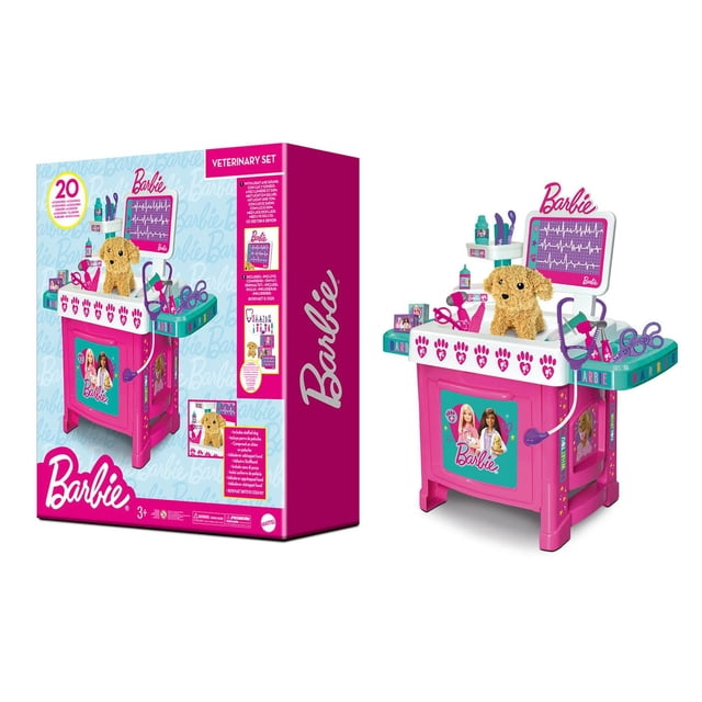Mattel Barbie Ensemble Vétérinaire - Play Medical Toys Présentant une table de Jeu Vétérinaire Rose avec Détails d'Empreintes de Pattes, un Chien en Peluche, des Outils Médicaux Incluant des Ciseaux et des Seringues, et un Écran de Moniteur Cardiaque, Idéal pour le Jeu de Rôle Imaginatif de Vétérinaire et l'Apprentissage des Soins aux Animaux.