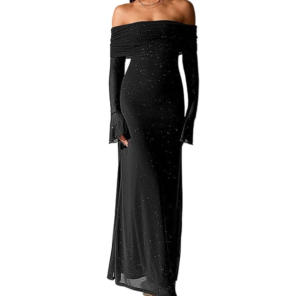 JGGSPWM Elegant Wedding Guest Dress Women Off Shoulder Bodycon Maxi Dress Long Sleeve Mesh Ruched Formal Dresses Black L