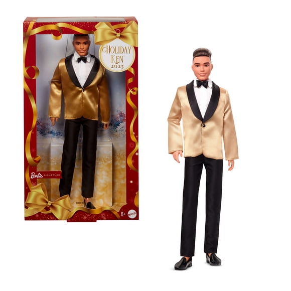 Barbie Signature 2025 Holiday Blonde Ken Collectible Fashion Doll wearing Full Suit with Golden Jacket