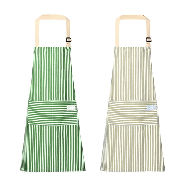 Household Kitchen Cotton Linen Fouling Apron Cute And Sleeveless Smock, Stain Work Clothes, Apron. Two aprons are shown, one in green and white vertical stripes and the other in beige and white vertical stripes. Both feature a neck-hanging design with adjustable straps, a large front pocket for holding small items, and a lace-up back for a secure fit. Suitable for home, restaurant, or business use.