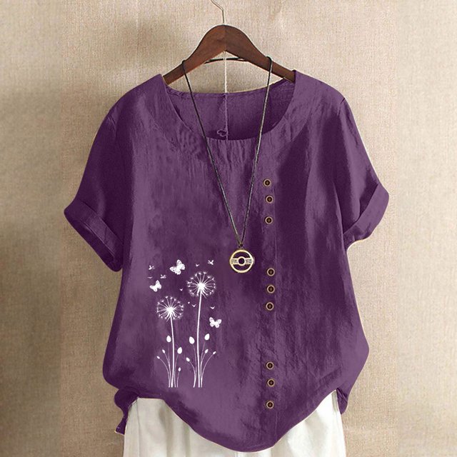 Jusqu'à 50 % de Rabais Horkkom Hauts Grande Taille pour Femmes Été Décontracté Chemises en Lin à Manches Courtes Col Rond Imprimé Floral Blouses Amples