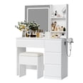 thumbnail image 1 of Coiffeuse avec Miroir et Lumières DEL – 4 Tiroirs, Prise de Courant, Tabouret de Rangement, Étagères, Support pour Séchoir à Cheveux, Éclairage Réglable à 3 Modes, 1 of 8