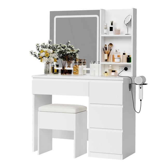 Coiffeuse avec Miroir et Lumières DEL – 4 Tiroirs, Prise de Courant, Tabouret de Rangement, Étagères, Support pour Séchoir à Cheveux, Éclairage Réglable à 3 Modes