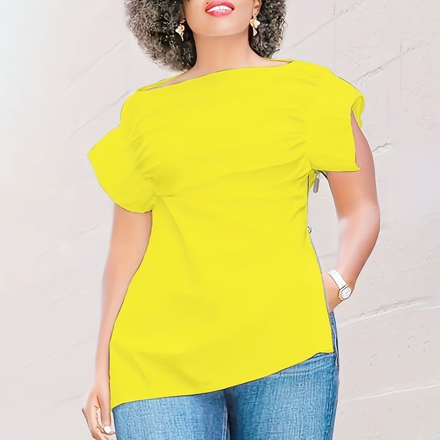 T-shirt Blouse à Manches Courtes Bouffantes Col Rond Décontracté pour Femmes avec Fermeture Éclair pour l'Été et Usage Quotidien Pièce Indispensable/95 % Polyester, 5 % Spandex, Jaune, Sopatenor