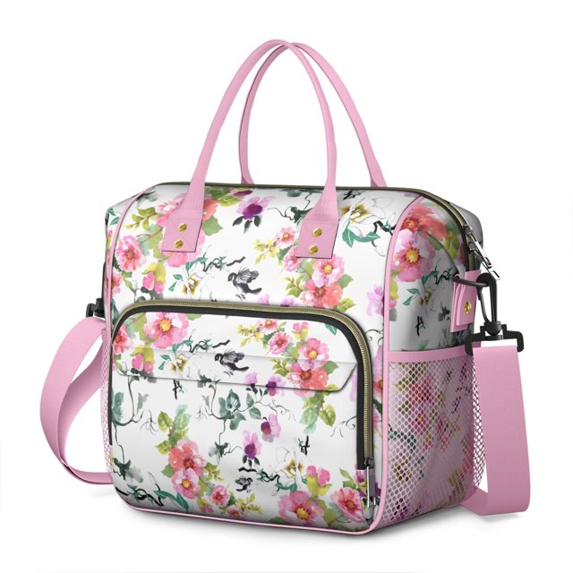 Bright Colorful Floral Lunch Bag - Large Leakproof Insulated Tote, Multi-Pocket