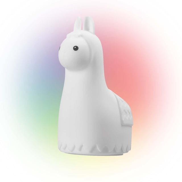 White llama-shaped silicone kids night light featuring integrated LED with multicolor illumination