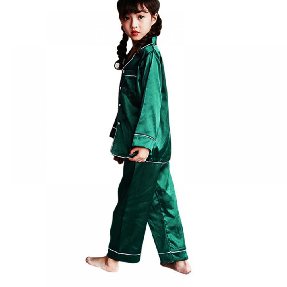 Kids Satin Pajamas Set PJS Long Sleeve Button-Down Sleepwear Loungewear