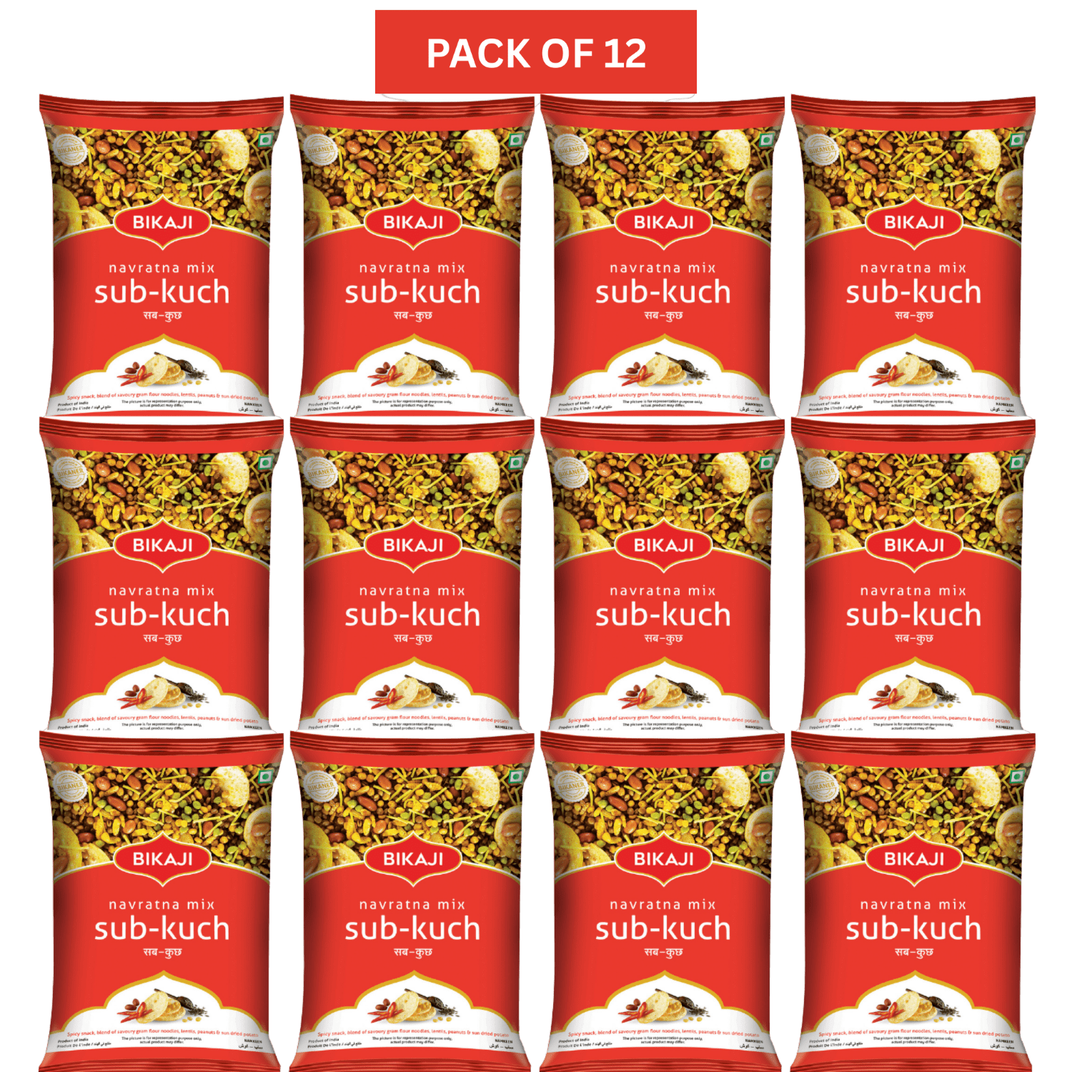 Bikaji Navratna Mix Sab-Kuch Indian Snacks 140g, Pack of 12,  Spicy Blend of Savoury Gram Flour Noodles, Lentils, Peanuts, and Sun Dried Potato
