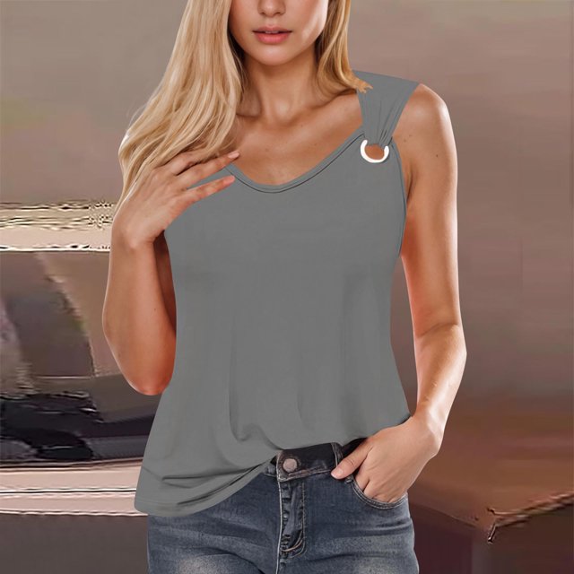 QUINDOS Womens Tops Gray Ribbed Summer Solid Color Camisole Sleeveless T-shirt Loose Tank Tops Womens Tank Tops