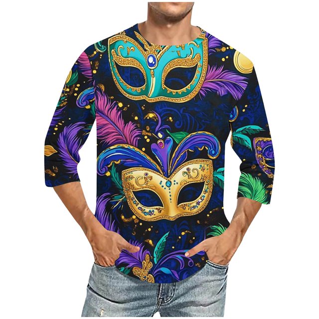 UVEASISHA Mardi Gras T-Shirts à Manches 3/4 pour Hommes, T-Shirts Graphiques à Imprimé Masque Fantaisie, Col Rond, Chandail Décontracté pour Carnaval et Fête, Hauts de Parade des Fêtes Fantaisie, Offres à 70 pour Cent de Rabais, Multicolore TG