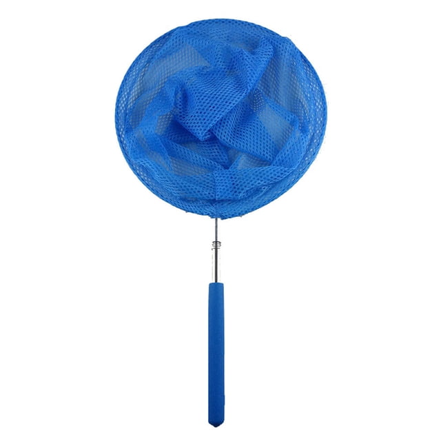 TIMIFIS Fishing Net Kids Extendable Fishing Butterfly Insect Net with a telescopic stainless steel handle and a blue polyester mesh net. The net has a 20cm diameter and depth, with the handle extending from 37cm to 86cm. Suitable as a toy fishing net for children, ideal for nature exploration and as a Christmas gift.