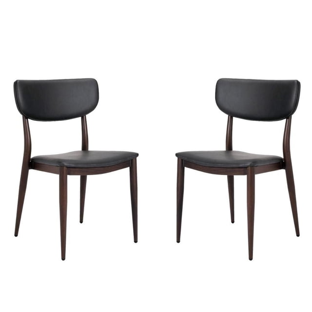 Sammy PU Faux Leather Dining Chair in Grey with Metal Black Frame, set of 2 armless side dining chairs with curved backrests and dark wood legs, featuring grey faux leather seats. Dimensions: 32"H (seat height 18") x 19.5"W x 19"D, suitable for kitchen or restaurant seating.
