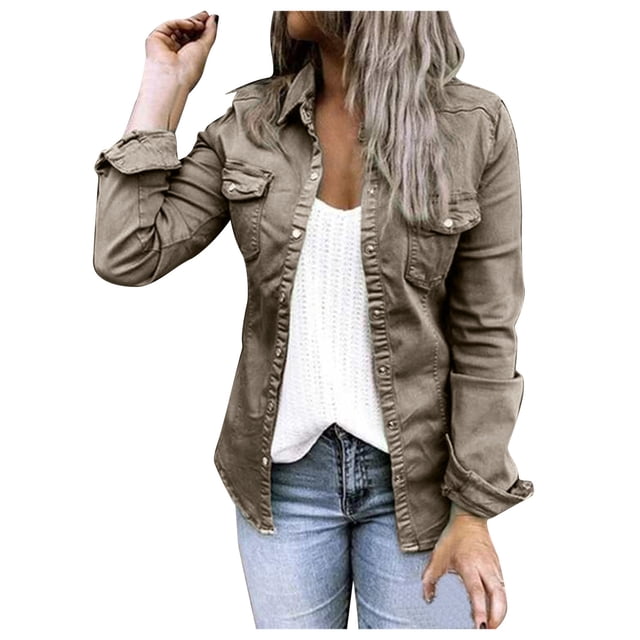 Chemisier Décontracté pour Femmes Veste en Denim Perforée à Boutons pour Femmes avec Poche Manteau