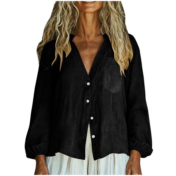 Ltctricy Women's Cotton Linen Tops Lantern Long Sleeve V Neck Pleated Button down Shirts Loose Fit Casual Blouses with Pocket