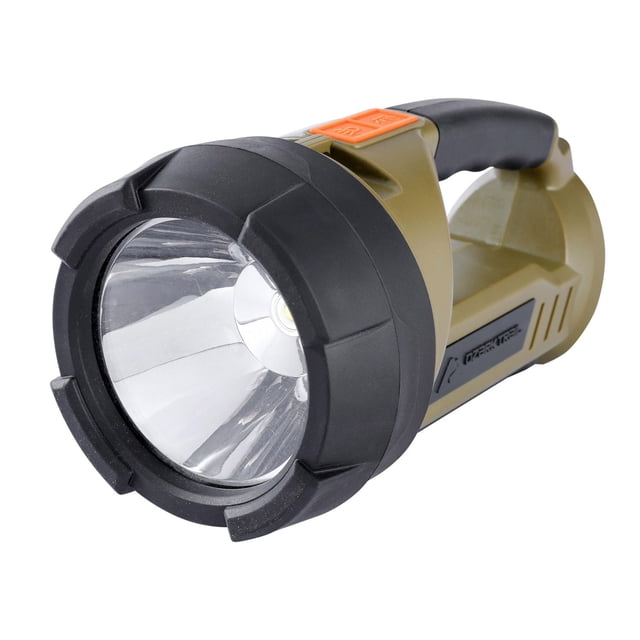 Ozark Trail LED 2000 Lumen Dual Source Rechargeable Flashlight in olive with black handle and bezel, featuring a large reflector lens and orange power buttons, includes a 5000 mAh power bank for charging devices, shown at a 3/4 angle on a white background, ideal for emergency preparedness and outdoor use.
