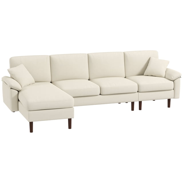 HOMCOM Changeable Sectional Sofa with Changeable Chaise Lounge in cream white. This L-shaped sectional sofa is ideal for living room seating, featuring breathable linen-feel fabric, a space-saving corner design, and sturdy beech wood legs. Includes two pillows and arm cushions for added comfort. Chaise lounge can be positioned on either side to suit room layout. Dimensions: 111 inches wide, 54.7 inches deep, and 35.4 inches high.