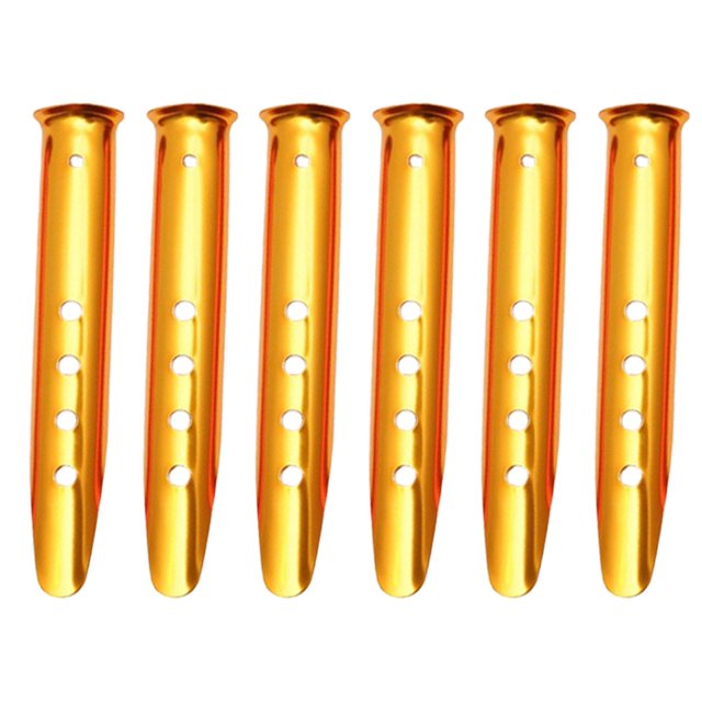 6 Pcs Piquets de Neige et de Sable pour Tente, Chevilles en Aluminium avec un design en U, Présentées dans une Couleur Dorée Vibrante. Ces Piquets Légers Comportent Plusieurs Trous pour le Réglage de la Corde et Conviennent à une Utilisation sur Terre Molle, Sable et Neige. Idéal pour le camping, la Randonnée et le backpacking.