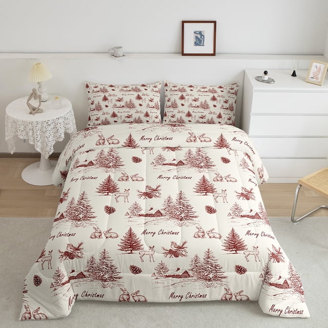 YST Ensemble de Douillette de Noël Format Grand Lit, Ensemble de Literie Vintage de Noël Hivernal pour Enfants et Adultes, Ensembles de Literie Imprimés Arbre de Noël et Renne, Couette Réversible Rouge Crème