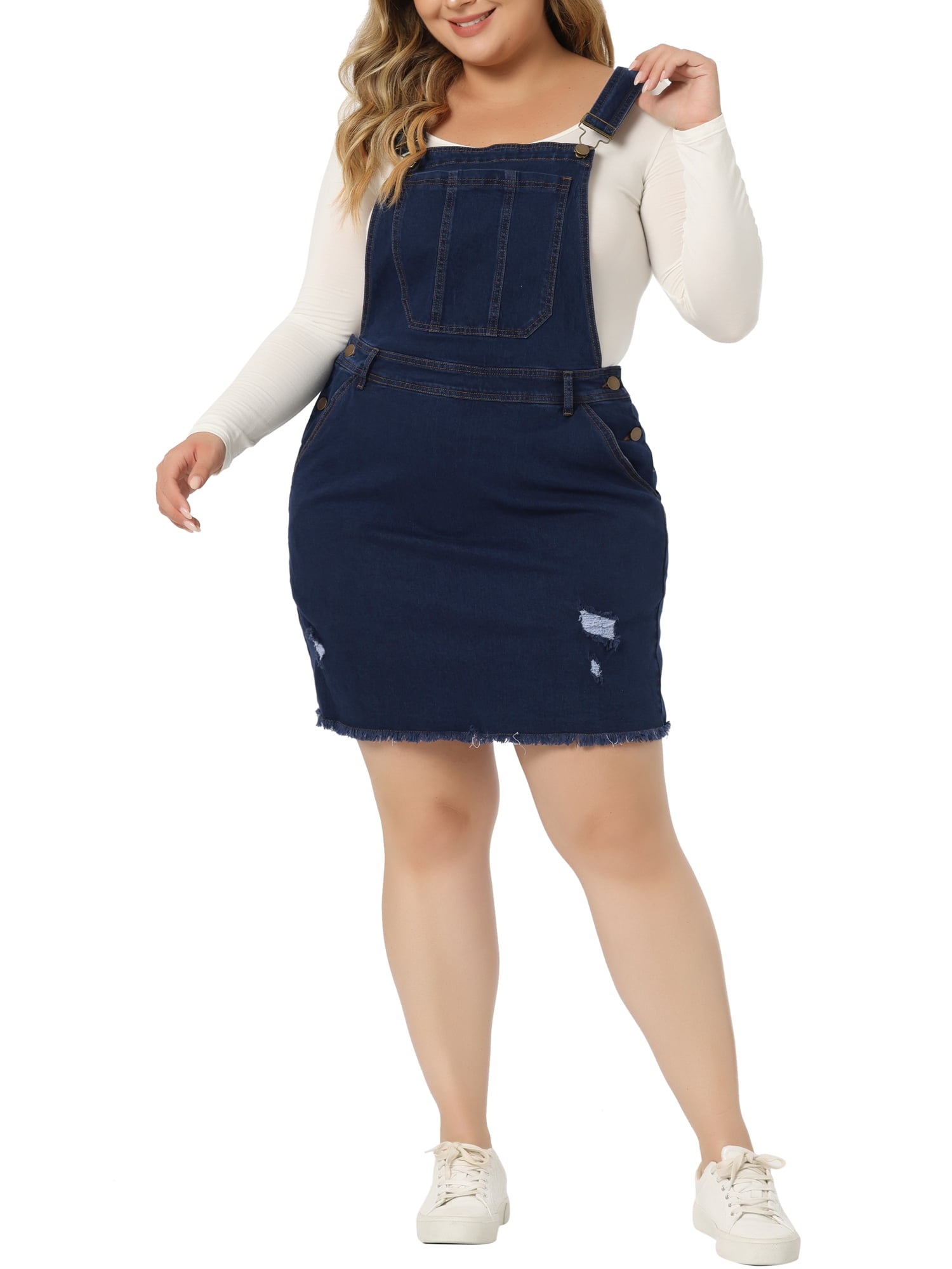 GRACE & GRANDEUR Robe à Bretelles Décontractée en Denim pour Femme Grande Taille à Bretelles Ajustables 1X Bleu Foncé