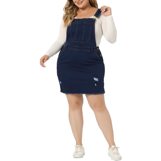 GRACE & GRANDEUR Robe à Bretelles Décontractée en Denim pour Femme Grande Taille à Bretelles Ajustables 3X Bleu Foncé