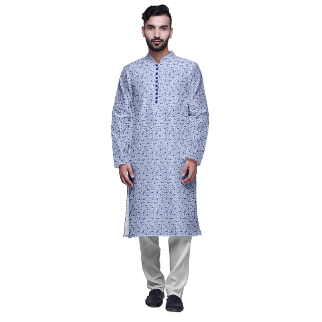 Atasi Printed Long Kurta For Men With White Churidar Pyjama Set Traditional Wear
