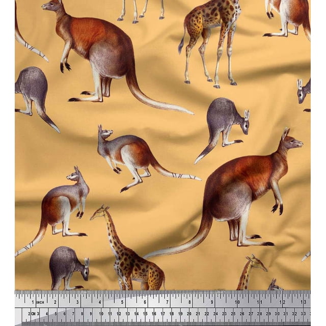 Soimoi Orange Modal Satin Fabric Kangaroo & Giraffe Animal Print Sewing Fabric Yard 42 Inch Wide