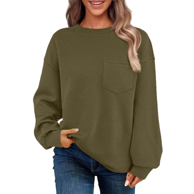 Chandail en Molleton Ultra Doux Texturé pour Femmes Col Rond Manches Longues Tuniques Blouses avec Poches Confort Décontracté Athlétique Chandail Blouses Tenues Automne Hiver