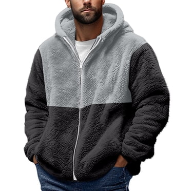 Mens Fluffy Soft Jackets Fuzzy Sherpa Casual Zip Up Hoodies Colorblock Long Sleeve Fleece Warm Hooded Coat
