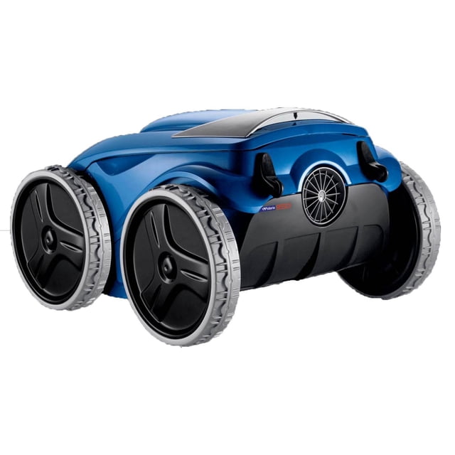 Polaris F9550 Sport Robotic Inground Swimming Pool Cleaner with Remote & Caddy front-facing view of the blue robotic cleaner on its compact transport caddy; solid-blade scrubbing brush and Aqua-Trax tires visible, dirty-canister indicator on the filter canister, motion-sensing handheld remote beside unit, 70-foot cord coiled; cleans pools up to 60 feet with programmable 7-day cycles. Also often used to maintain large in-ground hot tubs or decorative ponds.